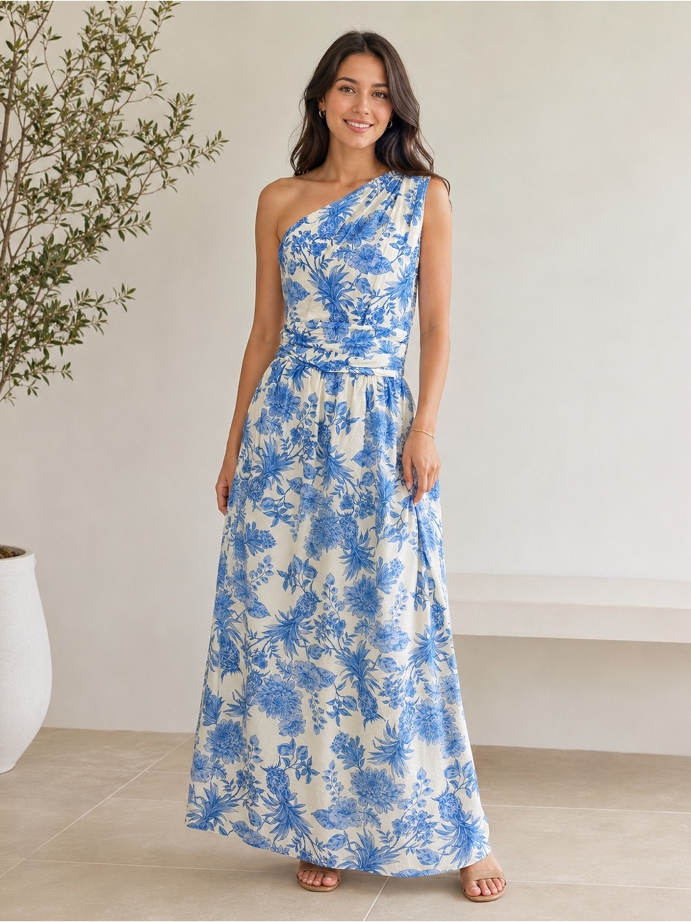 NWT Taylor Blue & Pearl Floral One-Shoulder Maxi Lined Dress Size 10 MSRP $139